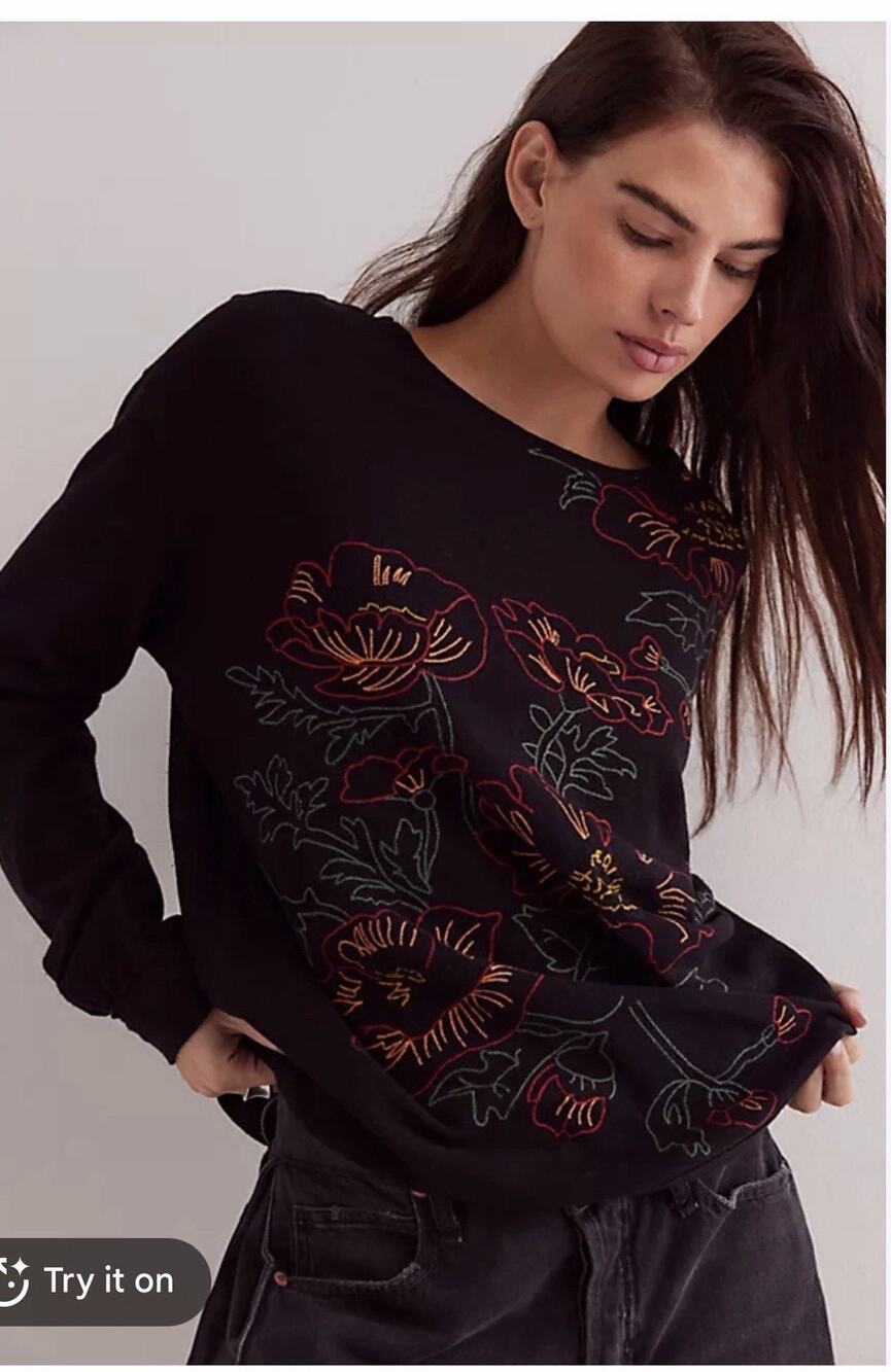 We The Free Prairie Floral Long Sleeve Tee Size M Embroidered Flowers Boho